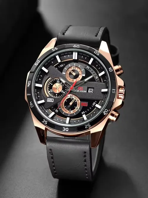 남성 스포츠 시계 46mm 블랙 가죽 레이싱 시리즈 일상용 패션 오리지널 로즈 골드 다이얼 쿼츠 시계 남성용 시계
