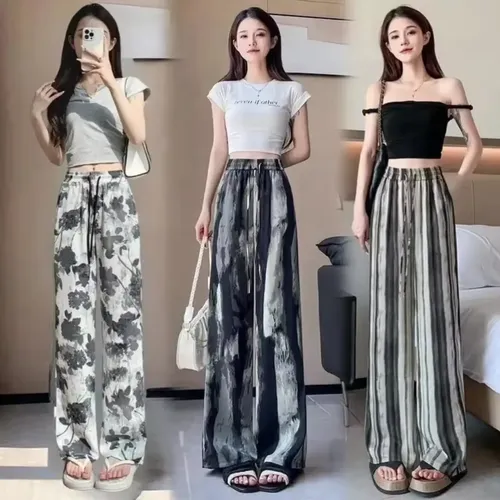 2025년 봄 여름 여성용 신상 중국풍 아이스 실크 와이드 레그 팬츠, 하이웨이스트 스트레이트 튜브 잉크 타이다이 캐주얼 팬츠
