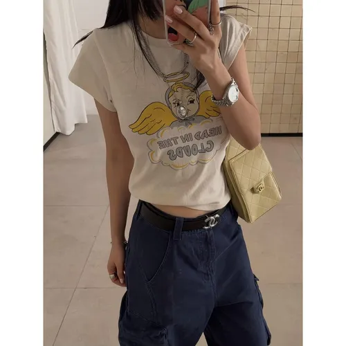 사쿠라 귀여운 천사 아메리칸 레트로 프린트 반팔 슬림핏 여름 마이크로 반투명 여성 티셔츠 라운드넥 숏 기장