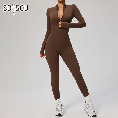 SOISOU 지퍼 점프 슈트 여성 빠른 건조 의류 운동복 여성 체육관 요가 스포츠 세트 스판덱스 나일론 운동 세트 여성 Tracksuit