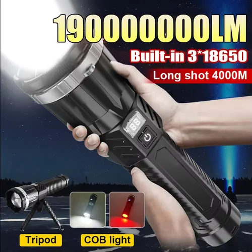 19000000LM 초강력 손전등 내장 3*18650 고출력 토치 충전식 LED 라이트 대형 조리개 캠핑 COB 랜턴