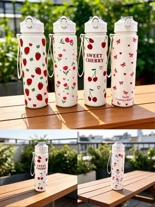 750ML 귀여운 딸기 체리 꽃 리본 프린트 텀블러, 순백색 바닥, 고급스러운 스포츠용 빨대컵