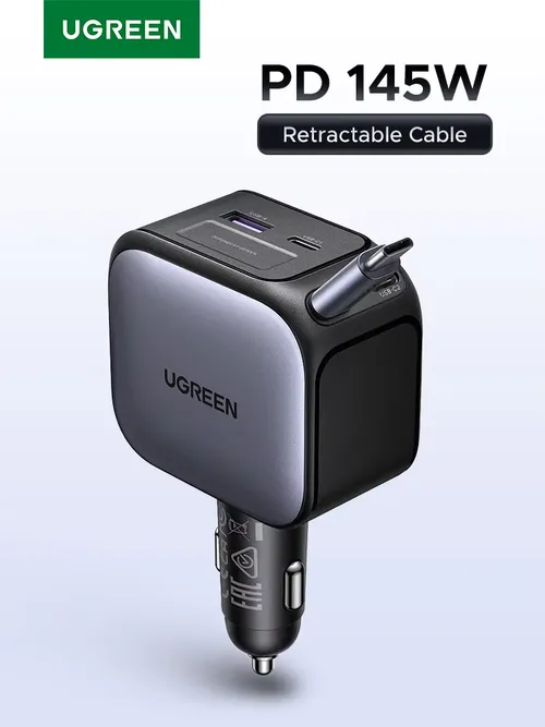 UGREEN 145W 90W 60W 차량용 충전기 3개의 USB-C 포트 & 1개의 USB-A 포트 PD QC4.0 고속 충전, 아이폰 18 프로 맥북용 수납식 케이블 포함