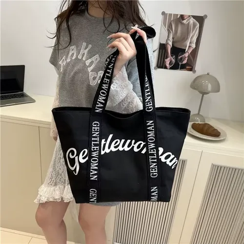 새로운 대용량 레터 프린트 캔버스 토트백, 여학생들을 위한 핸드헬드 쇼핑 및 통근 가방, 세련된 여름 지퍼 클로저