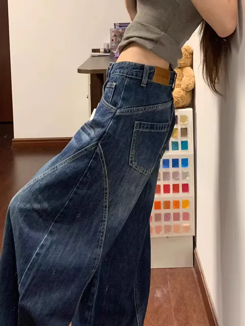 딥 블루 와이드 레그 데님 청바지 여성용 초가을 신상품 아메리칸 하이 웨이스트 루즈 디자인 센스 바닥 길이 바지