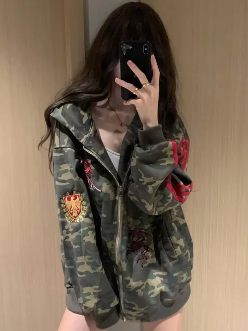 프리미엄 아메리칸 트렌디 카무플라주 야구 자켓 여성용 봄 가을 루즈핏 스웨트셔츠 대학 스타일 숏 아우터웨어