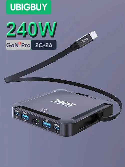 Ubigbuy 240W GaN 충전기 디지털 디스플레이 고속 충전 스테이션 100W USB C 리트랙터블 케이블 아이폰 17 삼성 맥북용