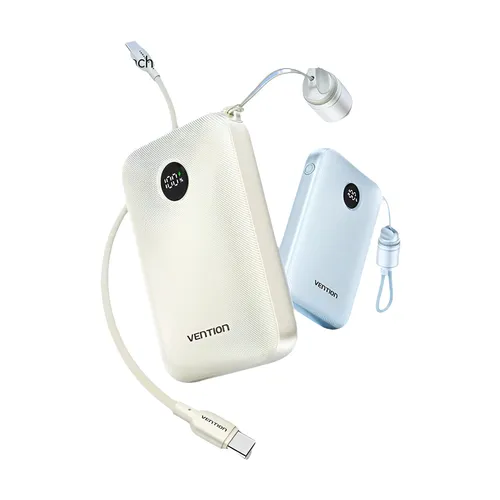 Vention 보조베터리 10000mAh 22.5W PD 전원 충전(iPhone 15/Huawei용 USB Type-C 케이블 내장), 초소형 충전기