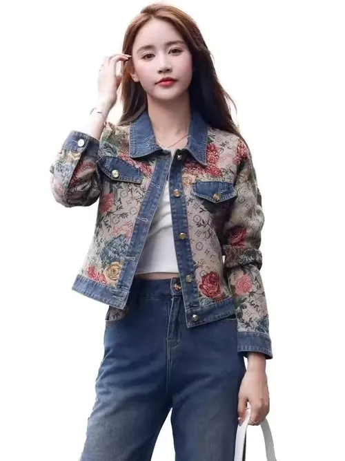 꽃무늬 짧은 데님 재킷 여성의 세련된 한국 스타일 봄 가을 다용도 탑 트렌디 버튼 디테일 루즈핏 긴팔