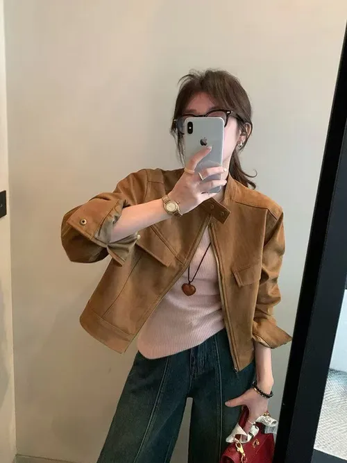아메리칸 스타일 레트로 스웨이드 자켓 여성용 루즈핏 지퍼 다용도 가을 신상품 코트 짧은 길이 스트레이트 헴라인