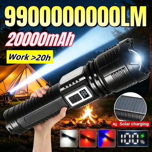 새로운 9900000000LM 강력한 LED 태양광 손전등 20000mAh 오래 지속되는 충전식 전술 토치 야외 낚시 캠핑 랜턴