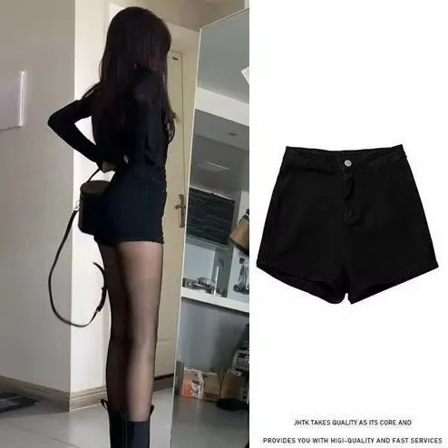 하이 웨이스트 블랙 데님 반바지 여성 봄 가을 새로운 스타일 캐주얼 작업복 미니 사이즈 야외 착용 가능한 여성 청바지 반바지