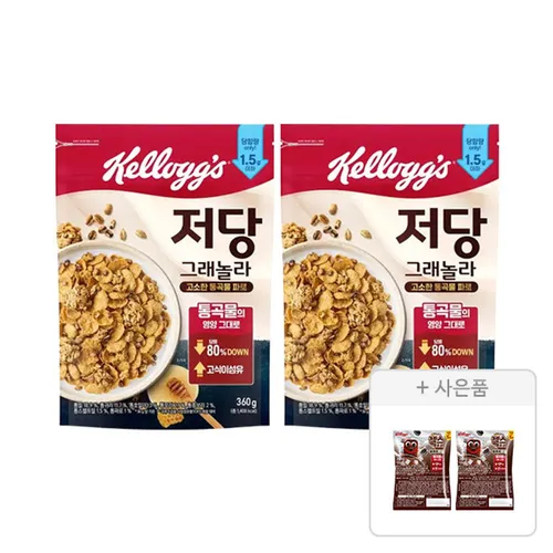 켈로그 저당 그래놀라 360g, 2개 + 증정(첵스초코 쿠키앤크림 30g, 2개)