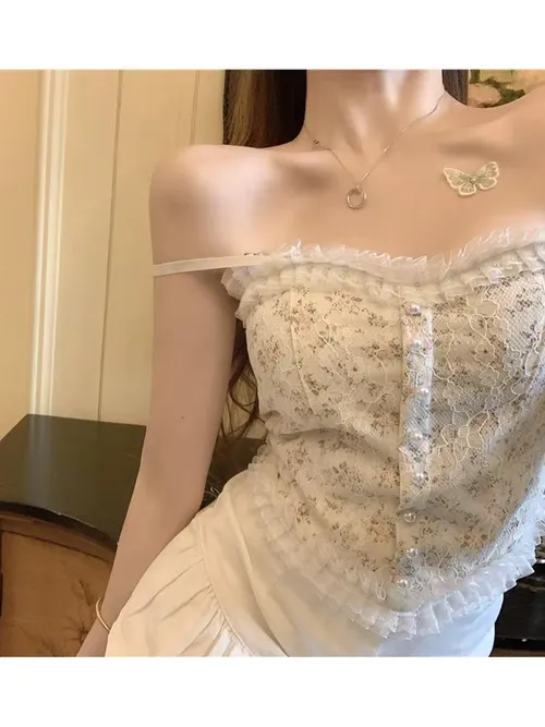 1PC 여성 캐미솔 여름 프렌치 레이스 꽃 프릴 가슴 패드가있는 스틸 링 없음 소녀 Bottoming Shirt Tank Top