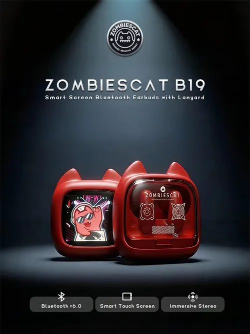 Zombies Cat B19 스마트 터치 스크린 TWS 블루투스 이어폰, HiFi 스테레오 음향, 블루투스 6.0, ENC 통화 노이즈 저감, 실리콘 목걸이 포함