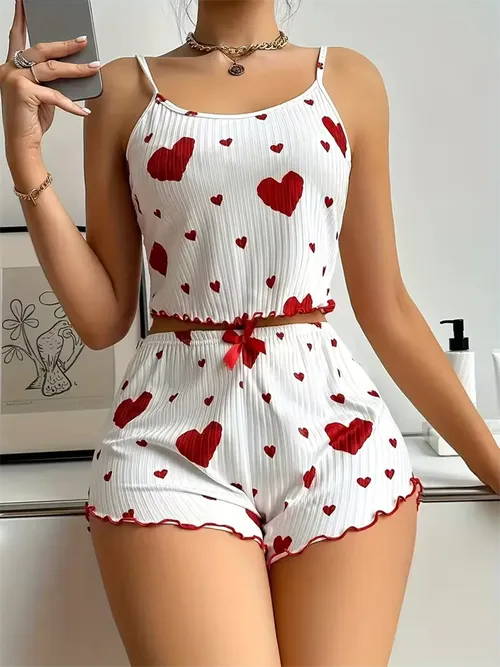 5가지 사이즈 선택 가능 S M L XL 2XL 여성 파자마 세트 스트랩 슬립웨어 베스트 + 반바지 레드 하트 프린트 나이트웨어 섹시 란제리