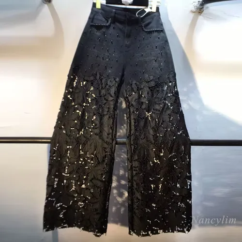 유럽 2025 홀로우 레이스 청바지 여성 여름 신상 블랙 레이스 데님 팬츠 헤비 인더스트리 비즈 핫 다이아몬드 데님 스플라이싱 크로셰