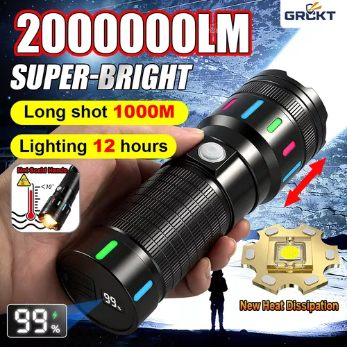 2000000LM 고출력 LED 손전등 가장 강력한 USB 충전식 토치 하이킹 야외용 방수 랜턴 18650 손전등