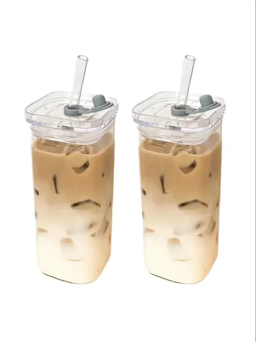 뚜껑과 밀짚 투명 우유 차 주스 컵 커피 머그잔 홈 바 Drinkware에 대 한 1Pcs 사각형 내열성 커피 유리 컵
