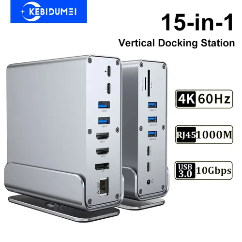 수직 도킹 스테이션 15-in-1 USB 도킹 스테이션 TYPE C 허브(트리플 모니터 포함) HDMI 4K60Hz/RJ45 1000M/USB3.0/PD100W Vertical Docking Stations 15-in-1 USB Docking Station TYPE C Hubs with Triple Monitor