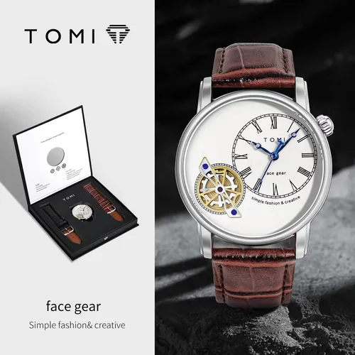 TOMI 세트 선물 상자 럭셔리하고 세련된 남성용 쿼츠 시계 레저 캘린더 더블 스트랩 쿼츠 시계 축제 선물