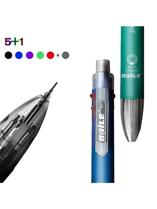 6 In 1 여러 가지 빛깔의 볼펜 5 색 볼펜 1 학교 사무용 지우개가있는 자동 연필 쓰기 용품 편지지