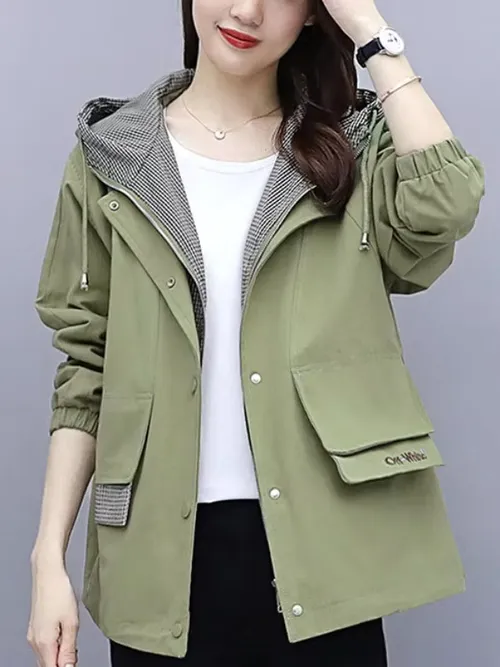 슬림핏 후드 재킷 플러스 사이즈 여성용 봄 가을 2026 신상 캐주얼 윈드브레이커 탑 다용도 통근 하이웨이스트
