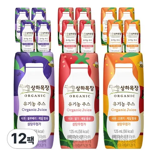 상하목장 유기농주스, 사과오렌지케일4 + 사과블루베리케일4+ 사과딸기케일4(총12팩)