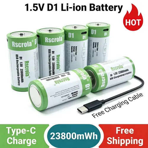 1.5V D1 리튬 이온 배터리 23800mWh 충전식 D 배터리(가스 쿠커용 충전 케이블 포함) 온수기 손전등 라디오 도구 장난감