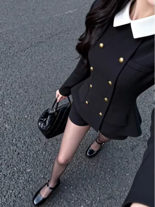 블랙 더블 브레스티드 칼라 수트 여성 패션 세트 브리티시 스타일 겨울 슬리밍 디자인 투피스 앙상블 반팔