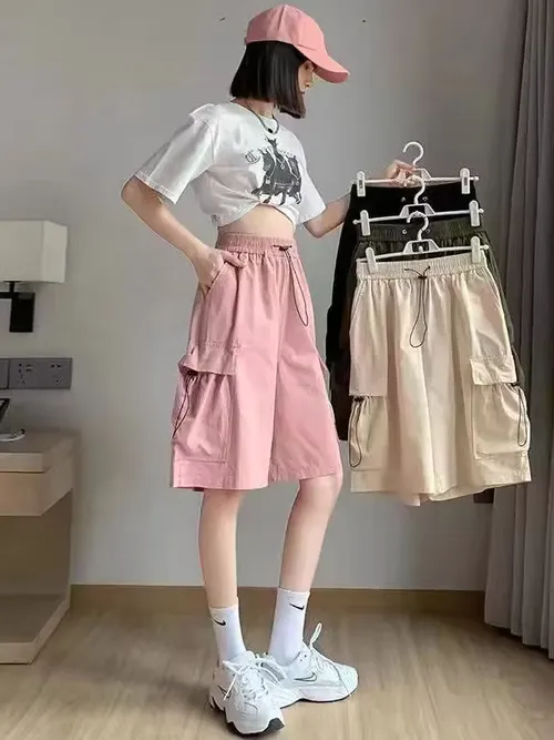 하이웨이스트 와이드 레그 워크웨어 반바지 여성 여름 얇은 아메리칸 캐주얼 디자인 5부 스포츠 팬츠 폴리에스터 섬유