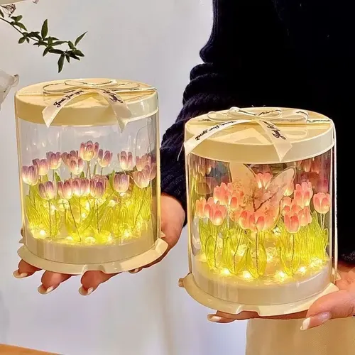 DIY 튤립 램프 시뮬레이션 꽃 바다 케이크 상자 침실 침대 옆 램프 수제 공예 장식 튤립 무드등 생일 선물