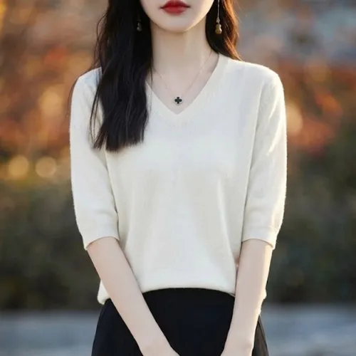 루나빈스 브이넥 니트 반팔티 여성 루즈핏 니트웨어