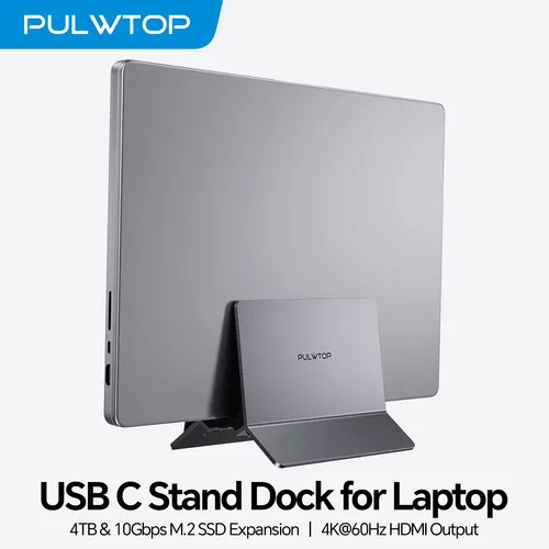 M.2 SSD 확장, HD 4K, RJ45, USB-C, 모든 기능을 갖춘 Type-C 노트북을 위한 USB-A 2개를 갖춘 PULWTOP 수직형 노트북 도킹 스테이션
