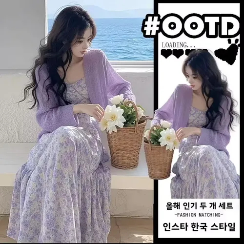 봄의 부드러운 바람 여성 패션 세트 심플 플로럴 드레스 투피스 수트 우아한 긴팔 캐주얼 편안한 앙상블
