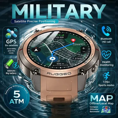 2026 군용 위성 오프라인 지도 GPS 스마트워치 남성용 1.43'' AMOLED 블루투스 통화 나침반 5ATM 방수 170+ 스포츠 스마트워치
