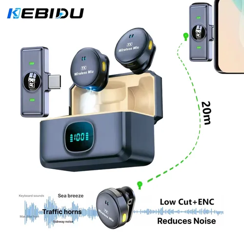KEBIDU 무선 라발리에 마이크 이중 소음 감소 HiFi 사운드 1~2 미니 자기 마이크 비디오 녹화 라이브 스트리밍용 Wireless Lavalier Microphone Double Noise Reduction HiFi Sound 1 to 2 Mini Magnetic Mic
