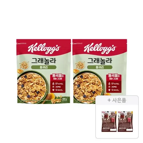 켈로그 통귀리그래놀라 500g, 2개 + 증정(첵스초코 쿠키앤크림 30g, 2개)