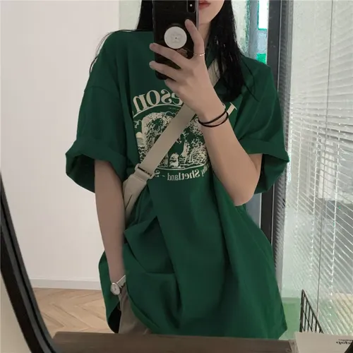 루즈핏 코튼 반팔 티셔츠 여성 스타일 레이지 패션 디자인 하프 슬리브 바디 셔츠 여름 시즌 라운드넥 플랜트 플로럴