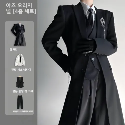 블랙 롱 테일러드 수트 자켓 세트 어깨가 길어진 봄 가을 뉴트럴 스타일 고품질 마운틴 스타일 투버튼 폴리에스터 섬유