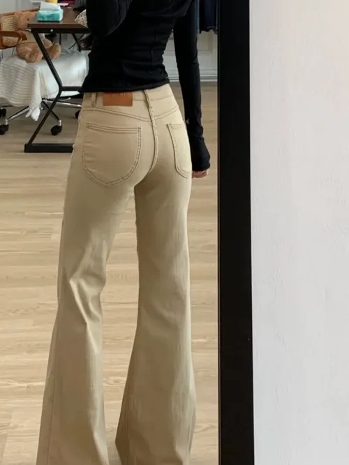 카키 하이웨이스트 와이드 레그 데님 진 여성용 가을 겨울 플러스 사이즈 탄력 슬리밍 플레어 팬츠 캐주얼 소프트 코튼 데님