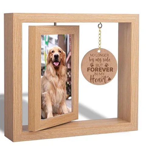 Pet Memorial Wooden Photo Frame Rotatable Double-sided No Longer by Side But Forever in My Heart 4x6-Inch Desktop Dog Cat Pic H260310