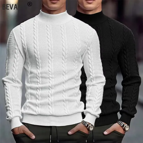 Men's Knitted High Collar Sweater Casual Vintage Twist Knitwear Sweater Tops Winter Solid Color Slim Fit Warmth Sweater Tops