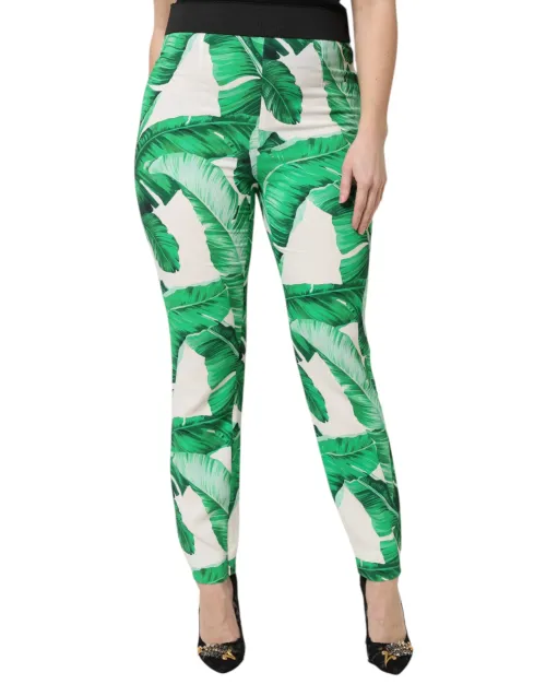 Dolce & Gabbana Green Leaf-Print Viscose Trousers — White