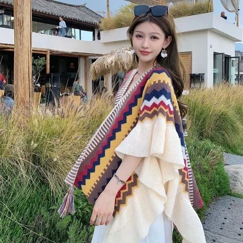 K778 Retro ethnic style shawl for women, new style, versatile knitted wood ear fringe cape, Yunnan travel wear, tassel large scarf