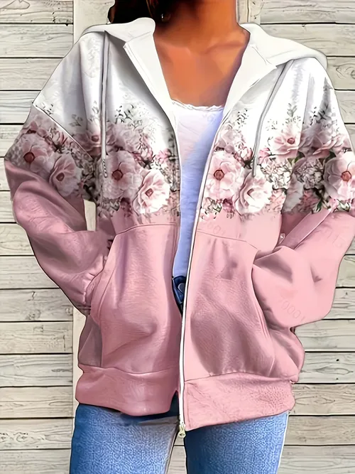 European and American Women's Plus Size Gradient Pink Floral Print Hooded Cardigan Sweatshirt; Zipper Loose Casual Sweatshirt Jacket