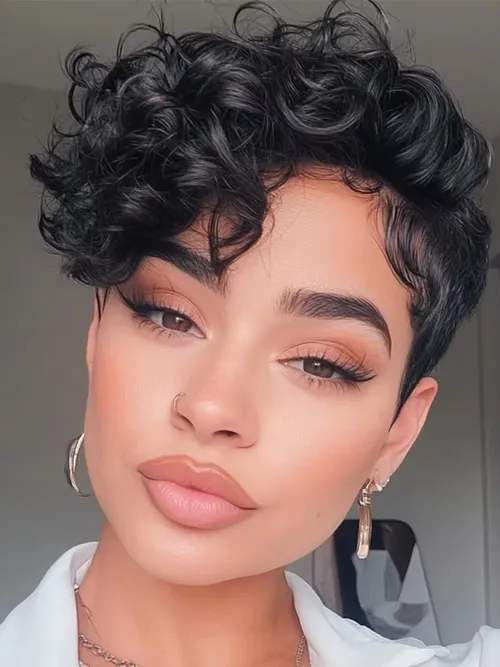 1B# Pixie Cut Human Hair Wig for Women 6" Layered Short Loose Curly with Bangs 180% Density Remy Brazilian Hair Rose Net Cap