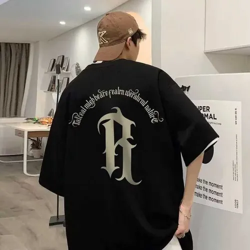 M-8XL Men Oversized Fashion Loose American Vintage Deformed Letter R Print Short Sleeve Round Neck Versatile Trend Couple Outfit S251120