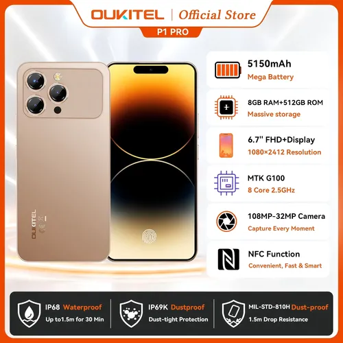 OUKITEL P1 PRO 6.7-inch FHD+ AMOLED 120Hz, 5150mAh Battery, 8.2mm Ultra-thin Smartphone 8GB+512GB, Android 15