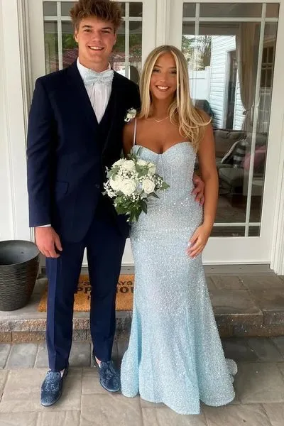 Ice Blue Sequin Strapless Thin Strap Mermaid Court Train Maxi Evening Prom Dress Party Cocktail Formal Elegant Sexy Sparkly Soft Fitted Sweet Glitter Stretchy